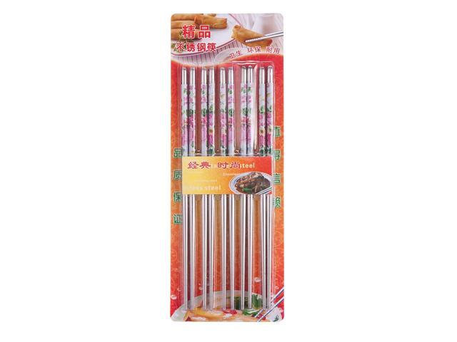 10 Pcs (5 Pairs) Peony Design Silver Stainless Steel Chopsticks