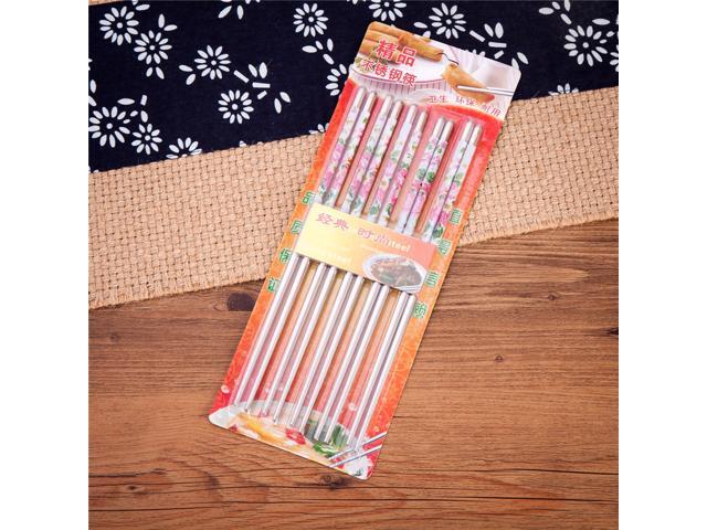 10 Pcs (5 Pairs) Peony Design Silver Stainless Steel Chopsticks