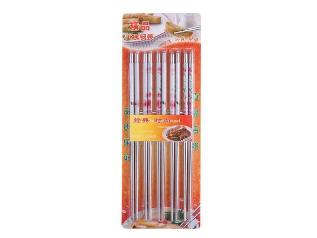 10 Pcs (5 Pairs) Rose Design Silver Stainless Steel Chopsticks