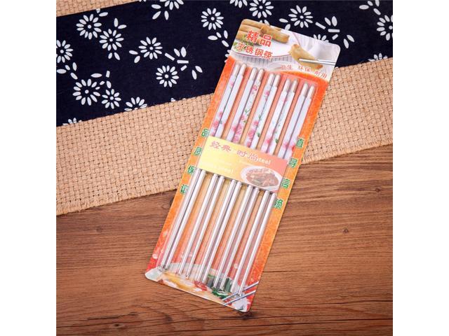 10 Pcs (5 Pairs) Rose Design Silver Stainless Steel Chopsticks