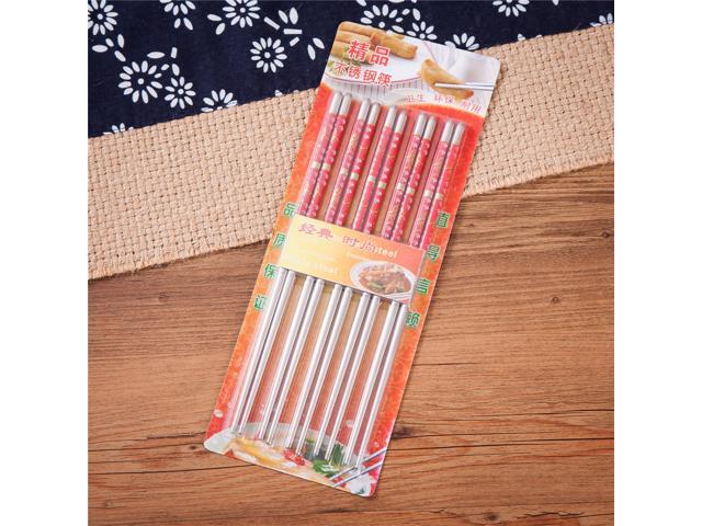 10 Pcs (5 Pairs) Fish Design Silver Stainless Steel Chopsticks