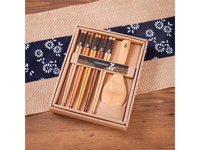 5 Pairs Natural Wood Chopsticks and 1 Moso Bamboo Rice Paddle Gift Set