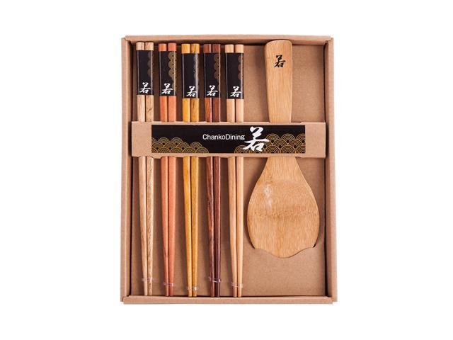 5 Pairs Natural Wood Chopsticks and 1 Moso Bamboo Rice Paddle Gift Set