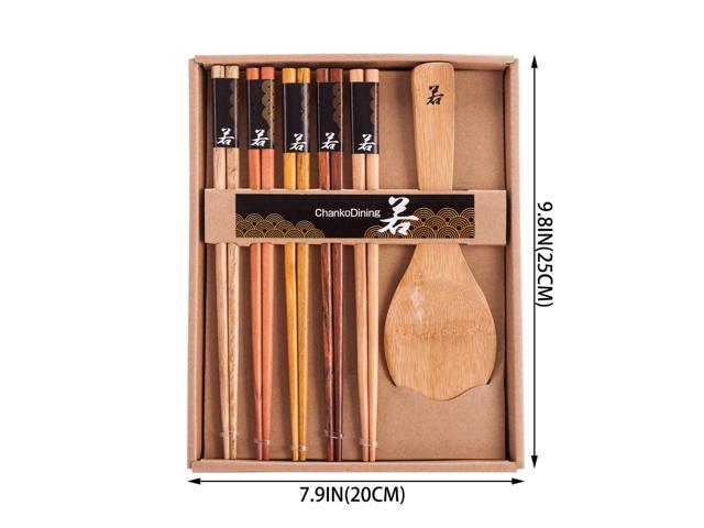 5 Pairs Natural Wood Chopsticks and 1 Moso Bamboo Rice Paddle Gift Set