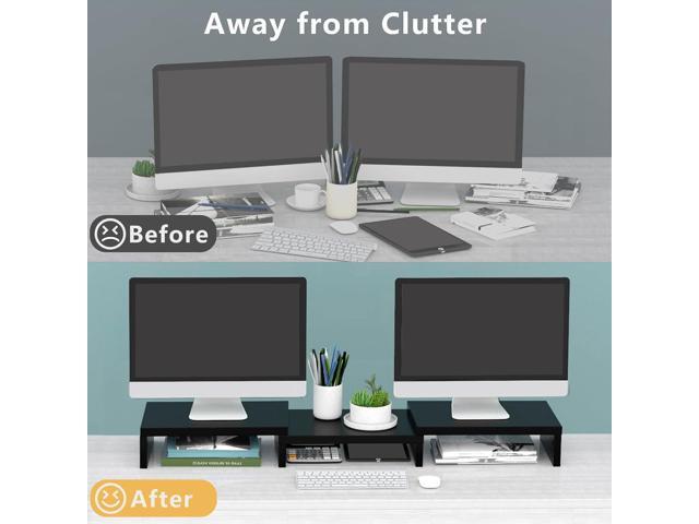 TAVR Dual Monitor Stand Riser Office Desktop Organizer Stand for 2 Monitors, Adjustable Length and Angle 3 Shelf, Extra Long Multifunctional Stand...