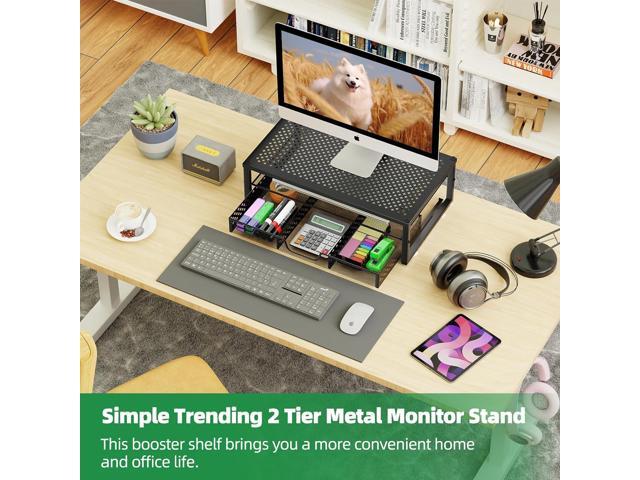 Simple Trending-Metal Monitor Stand Riser and Computer Desk Organizer with Drawer for Laptop, Computer, iMac, Black