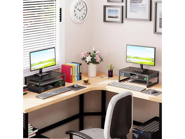 Simple Trending-Metal Monitor Stand Riser and Computer Desk Organizer with Drawer for Laptop, Computer, iMac, Black