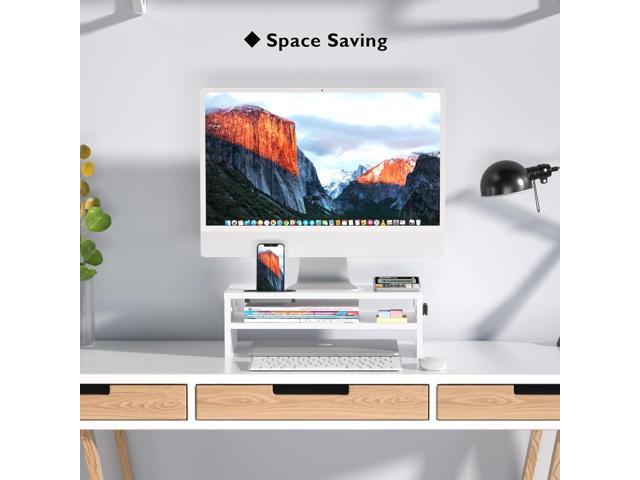 BONTEC Monitor Stand Riser White, 2 Tiers Wood Monitor Riser Stand with Storage Organizer, Desktop Ergonomic Monitor Stand Riser with Cellphone...