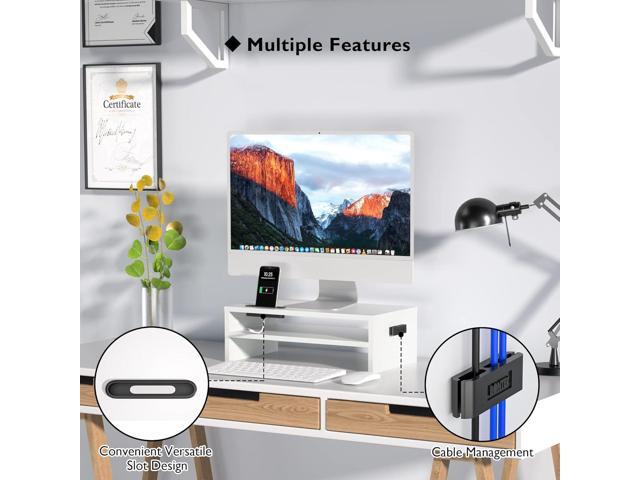 BONTEC Monitor Stand Riser White, 2 Tiers Wood Monitor Riser Stand with Storage Organizer, Desktop Ergonomic Monitor Stand Riser with Cellphone...