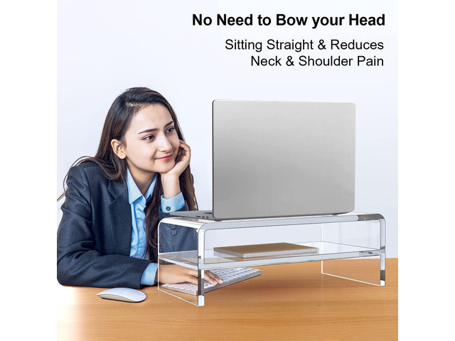 Clear Acrylic Monitor Stand Riser 2 Tier, 5.12 Inches High Clear Computer Desk Organizer Shelf for Multi Media PC Storage Laptop