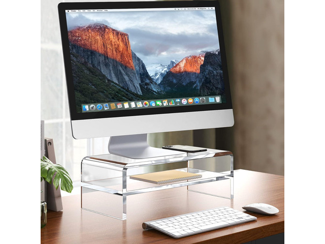 Clear Acrylic Monitor Stand Riser 2 Tier, 5.12 Inches High Clear Computer Desk Organizer Shelf for Multi Media PC Storage Laptop