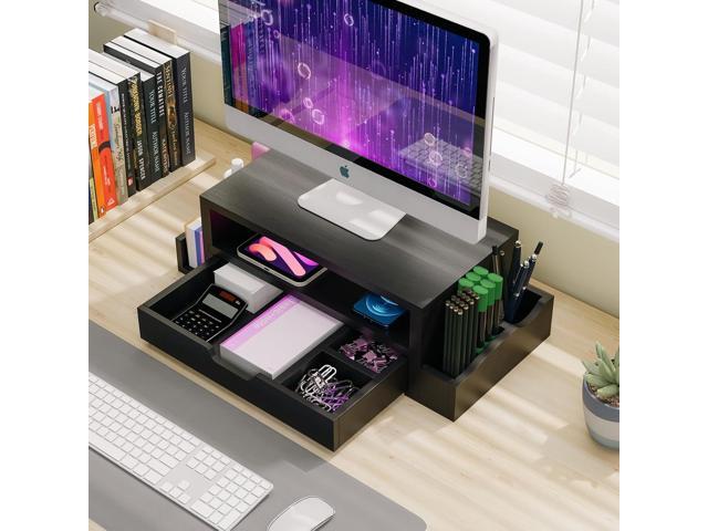 Simple Trending Monitor Stand Riser and Computer Wood Desk Organizer with Drawer and Pen Holder for Laptop, Computer, iMac, Black