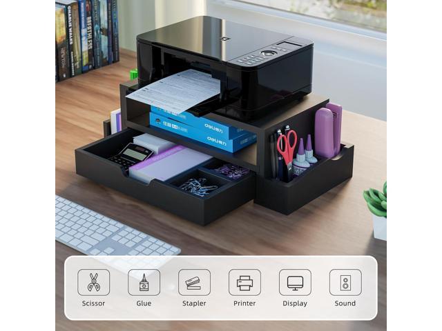 Simple Trending Monitor Stand Riser and Computer Wood Desk Organizer with Drawer and Pen Holder for Laptop, Computer, iMac, Black