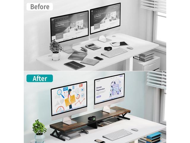 Dual Monitor Stand Riser, Large Wood Monitor Riser for 2 Monitors, Monitor Lift with Storage for Desk, Sturdy Wood & Steel Multi Screen Stand,...