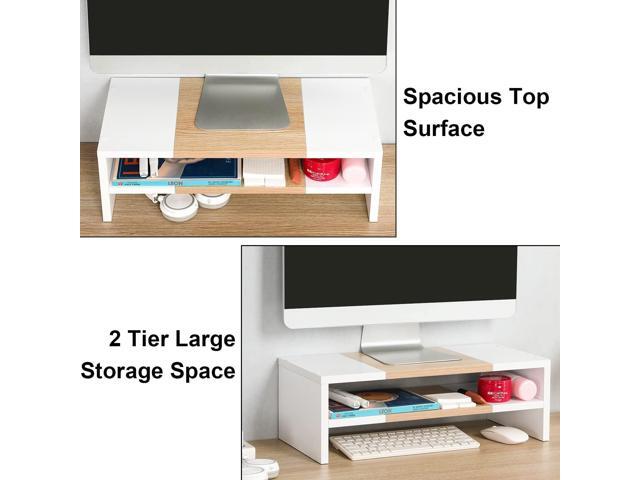 TEAMIX 2 Tiers Desktop Monitor Stand Riser 20 Inch Printer Stand with Storage Small TV Riser Laptop Wooden Desk Organizer Shelf Bookshelf Maple...
