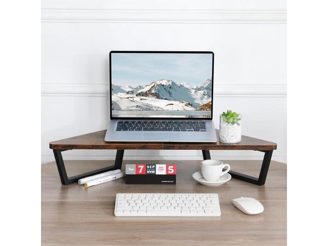 TEAMIX 26 inch Triangle Monitor Stand Riser, Desktop Corner Shelf with Metal Leg Wood Computer Stand with Storage Laptop Riser Office Organization