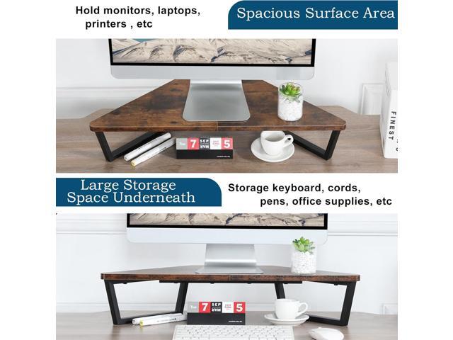 TEAMIX 26 inch Triangle Monitor Stand Riser, Desktop Corner Shelf with Metal Leg Wood Computer Stand with Storage Laptop Riser Office Organization