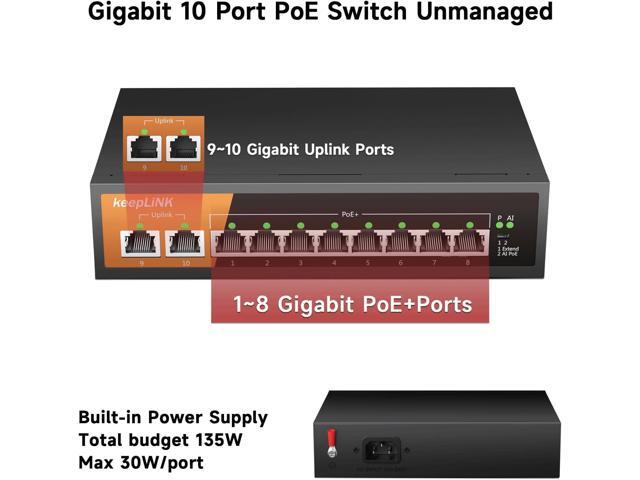 8 Port Gigabit PoE Switch with 2 Gigabit Uplink, 135W Built-in Power Supply, 802.3AF/at Compliant, Desktop or Wall Mount, Ethernet Network Switch...