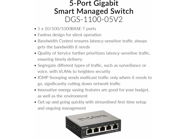 D-Link 5-Port Gigabit Smart Managed Switch 5GbE Ports L2 VLANs Web Managed Desktop Fanless NDAA Compliant Lifetime Warranty...