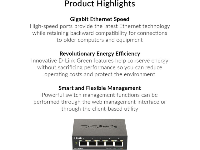 D-Link 5-Port Gigabit Smart Managed Switch 5GbE Ports L2 VLANs Web Managed Desktop Fanless NDAA Compliant Lifetime Warranty...