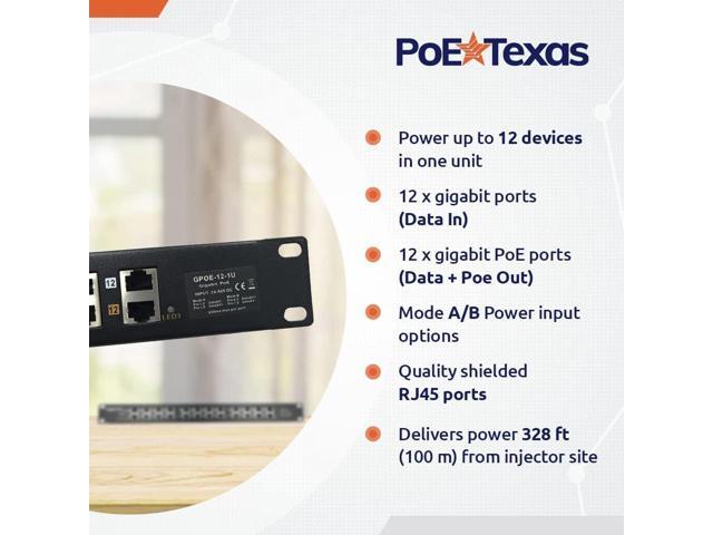 PoE Texas - PoE Injector - 12 Port Gigabit Passive Midspan Injector with 48V 120 Watt UL Power Supply - Power Over Ethernet for 802.3af or at...
