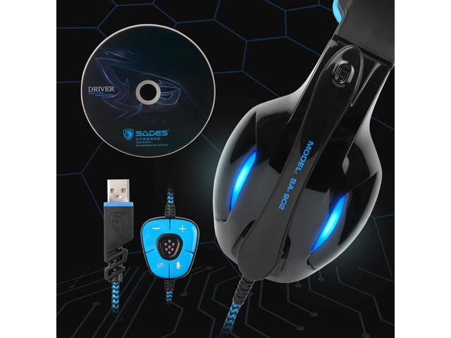 SADES SA902 Stereo Gaming Headset 7.1 USB Surround Sound PC Headsets Over-Ear Gaming Headphones with Microphone LED Light Black Blue