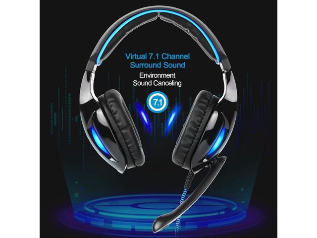 SADES SA902 Stereo Gaming Headset 7.1 USB Surround Sound PC Headsets Over-Ear Gaming Headphones with Microphone LED Light Black Blue