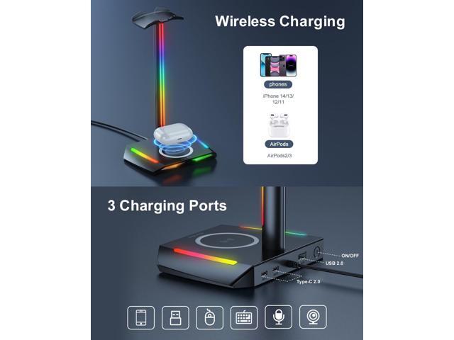 New bee RGB Headphone Stand with 2 USB-C & 1 USB Charging Ports, Desk Gaming Headset Holder with 7 Light Modes and Non-Slip Rubber Base Suitable...