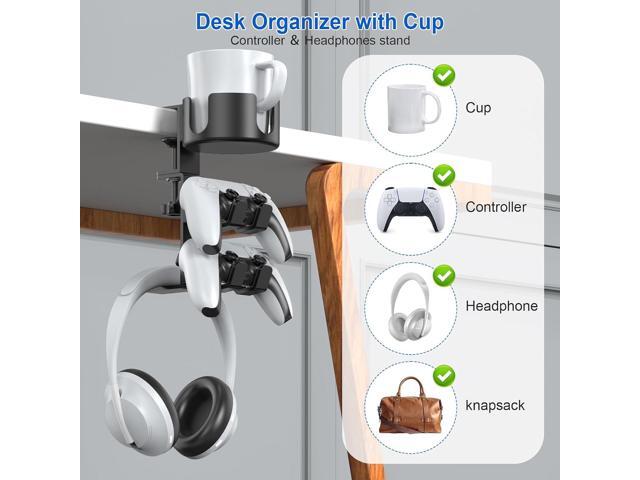 Desk Controller Headphones Holder for Xbox/PS4/PS5, 3-in-1 Desk Cup Holder with 360° Rotating Adjustable Headset Hanger Controller Stand Clamp On...