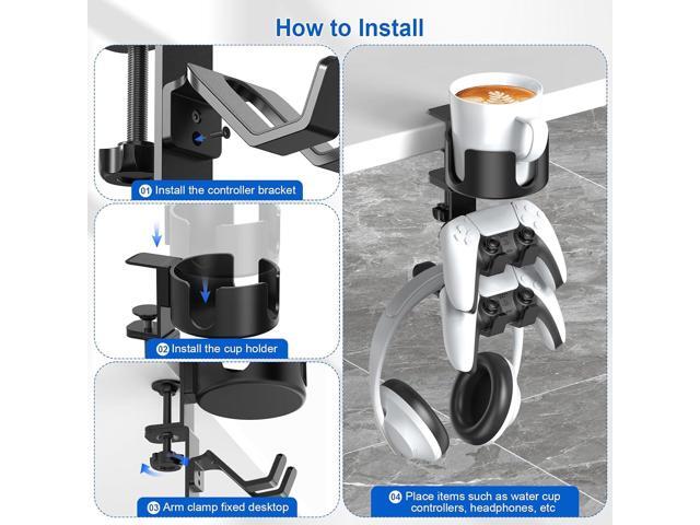 Desk Controller Headphones Holder for Xbox/PS4/PS5, 3-in-1 Desk Cup Holder with 360° Rotating Adjustable Headset Hanger Controller Stand Clamp On...