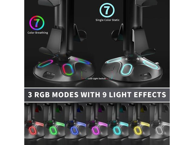 Gaming RGB Headphone Stand,Canmarin Controller Holder with 9 Light Modes - Headset Stand with 2 USB Charging Ports and 3.5mm & Type-C - Controller...