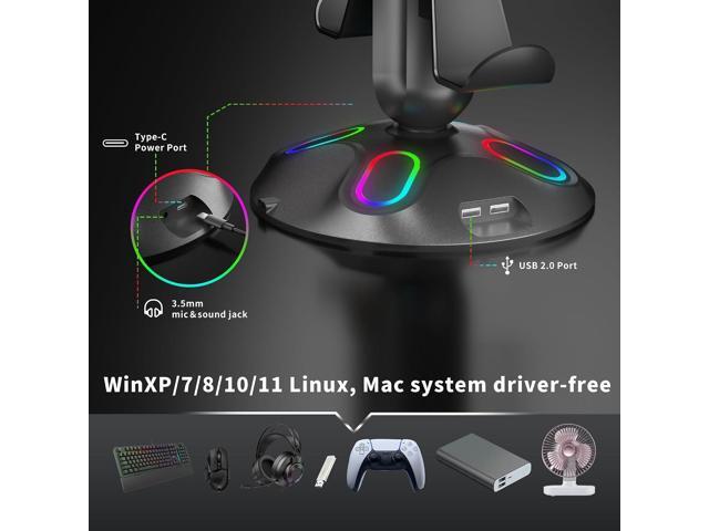 Gaming RGB Headphone Stand,Canmarin Controller Holder with 9 Light Modes - Headset Stand with 2 USB Charging Ports and 3.5mm & Type-C - Controller...