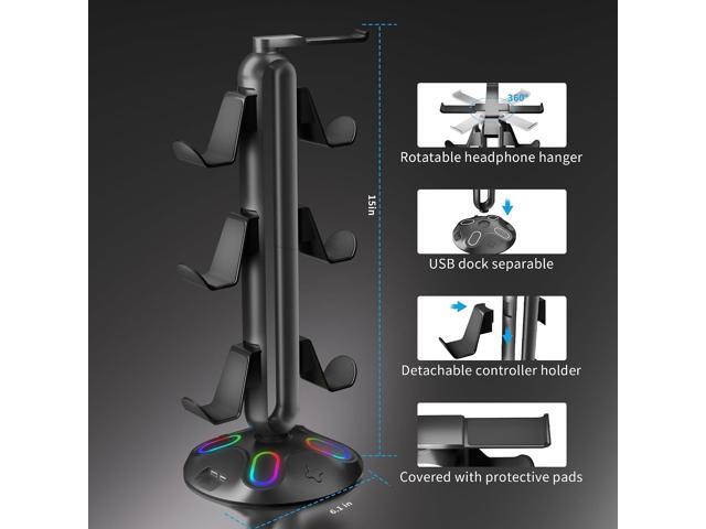 Gaming RGB Headphone Stand,Canmarin Controller Holder with 9 Light Modes - Headset Stand with 2 USB Charging Ports and 3.5mm & Type-C - Controller...