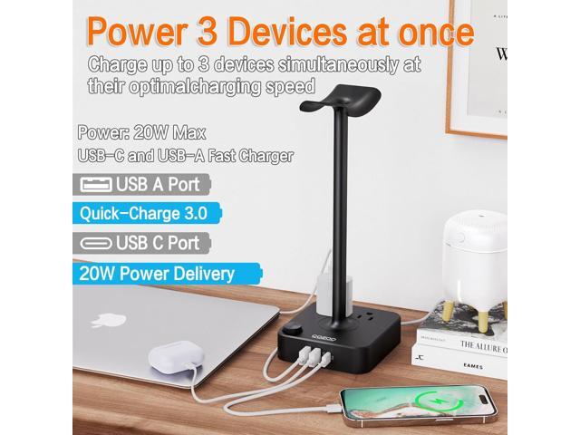 COZOO Headphone Stand with USB Charger Desktop Gaming Headset Holder Hanger with 3 USB Charging Station and 2 Outlets Power Strip,Suitable for...