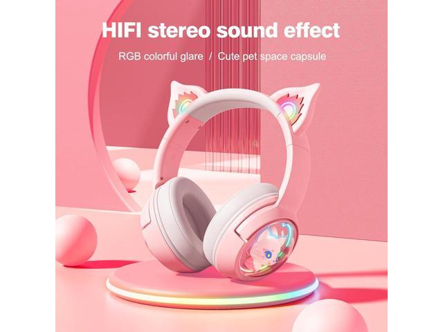 PHNIXGAM Cute Cat Bluetooth Headphones, Wireless & Wired Mode Headset with Mic, RGB LED Light, for Girls Women School Gaming, Compatible with...