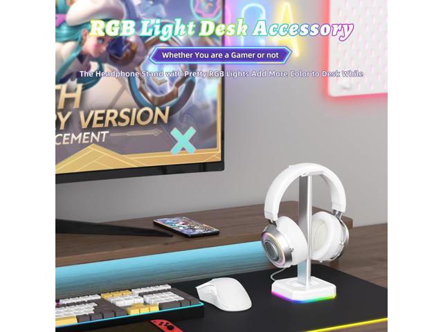 TuparGo White Headphone Stand,Desk RGB Lights Headset Holder,Suitable for All Over-Ear Headphone (White, Only RGB Light)