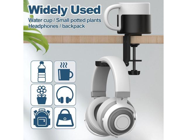POWNEW 2 in 1 Desk Cup Holder with Headphone Hanger Gaming Accessories, Universal Adjustable & Foldable Upgraded Arm Clamp Stand for Coffee Mugs,...