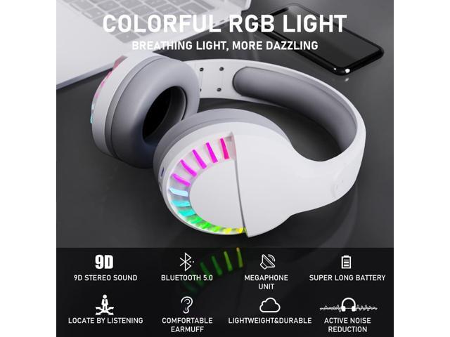 Wireless Bluetooth Headphone with Noise Cancellation HiFi Stereo Sound Mic Deep Bass Protein Earpad Rainbow RGB Backlight Rechageable Over Ear...