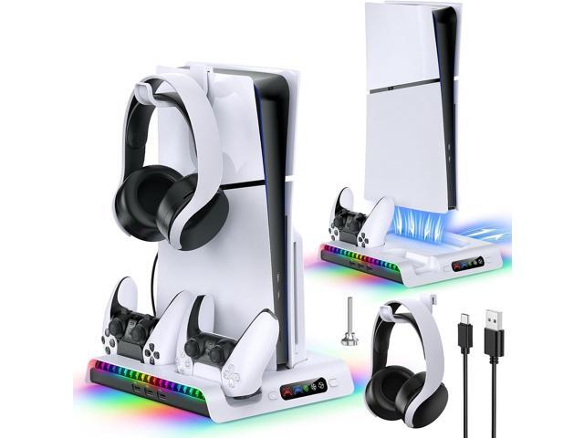 FASTSNAIL Charging Stand with Cooling Fan Only for PS5 Slim Console, Dual Controller Charger Station with 9 RGB Lights & Headset Hook & 3-Level...