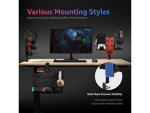 PEGZONE Modular Headphone and Controller Holder for Game, Clamp-on Pegboard, Rotatable Controller Stand with Cable Hooks, Gaming Accessory for Xbox...