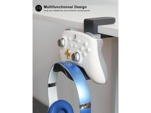 Headphone Holder Hanger Upgraded with Rotating & Adjustable Clamp for Controller & Headphones, Headset Stand Under Desk Hook Mount Built in Cable Clip