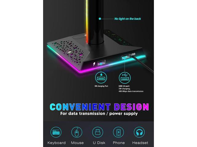 RGB Gaming Headphones Stand with 2 USB Ports Headset Stand with 10 Light Modes and Non-Slip Rubber, Suitable for All Earphone Accessories, Best...
