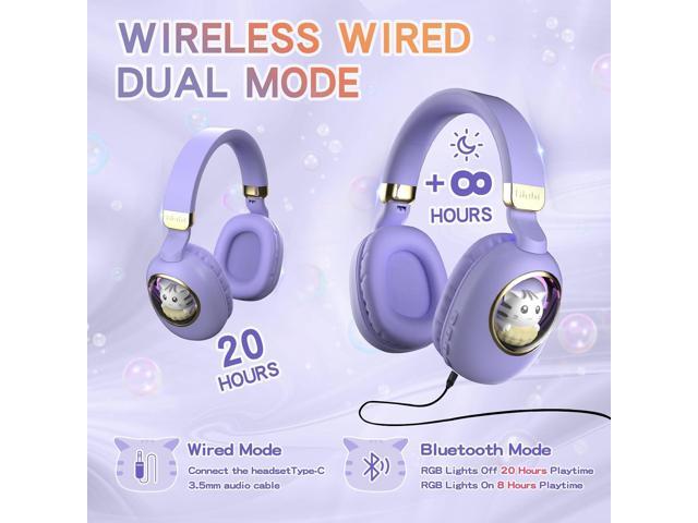 Purple Kids Bluetooth Headphones Wired with Microphone for School - Wireless Boy Girls Noise Cancelling Over Ear Bluetooth Headphones Children...