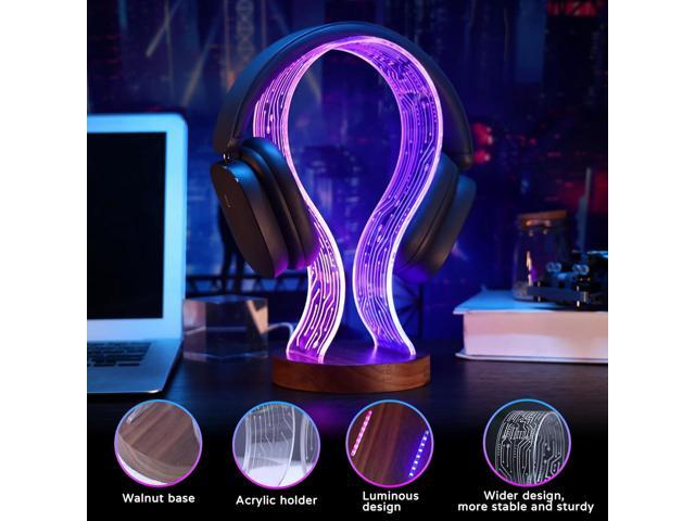Lampeez Headphone Stand Headset Holder with Blue Pink LED Night Light Walnut Wood for Gamers, Music Lovers Gift Idea