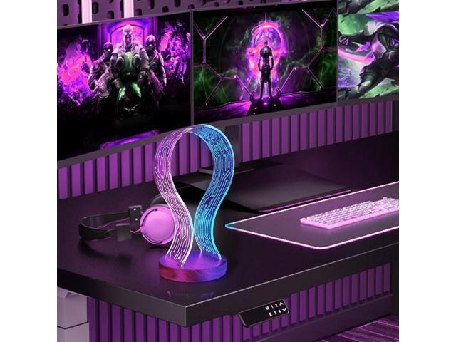 Lampeez Headphone Stand Headset Holder with Blue Pink LED Night Light Walnut Wood for Gamers, Music Lovers Gift Idea