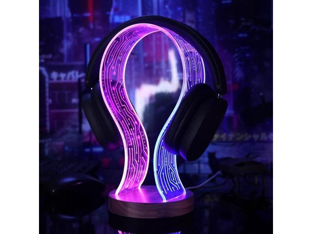 Lampeez Headphone Stand Headset Holder with Blue Pink LED Night Light Walnut Wood for Gamers, Music Lovers Gift Idea