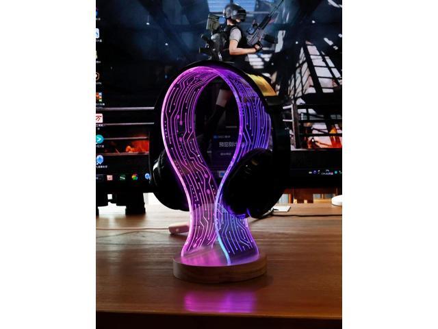 YuanDian Headphone Stand, Walnut Wood Headset Holder with Blue Pink LED Night Light for Gamers, Men, and Music Lovers - Perfect Desk Gift Idea