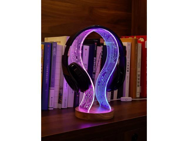 YuanDian Headphone Stand, Walnut Wood Headset Holder with Blue Pink LED Night Light for Gamers, Men, and Music Lovers - Perfect Desk Gift Idea