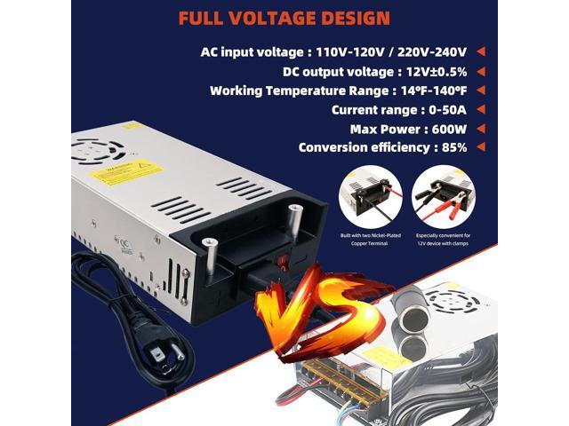 New Version Converter, 110V AC to 12V DC Converter Power Supply 12V 600W 50A DC Switch Transformer for RV,Pump,LED Strip, LCD Monitor