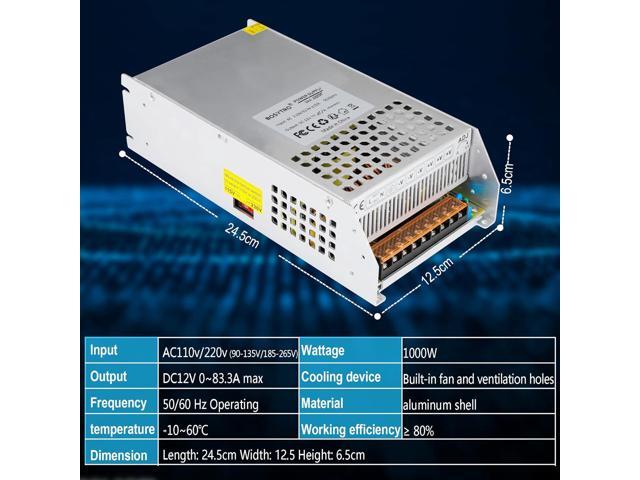 DC 12V 83.3A 1000W Switching Power Supply SMPS AC 110V / 220V-DC 12V Transformer Adapter, for Advertising Signs, CCTV Camera Security...